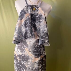 ALI & JAY Dress Womens Medium Floral Halter Ruffle Overlay Gray Peach Cocktail